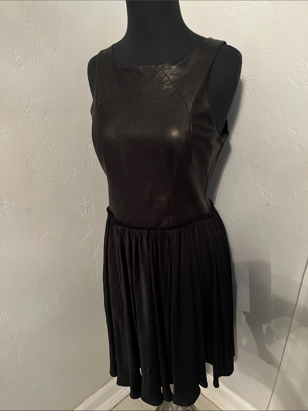 Women's Black Faux Leather Bodice Midi Dress